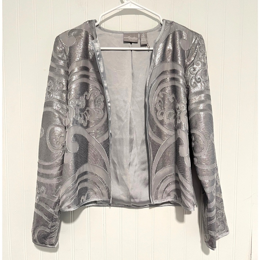 Chico's Travelers Jacket Womens 0 Silver Sequin Open Front Shimmer Cardigain